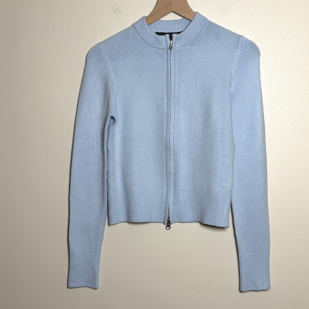 French Connection Womens Cardigan M Blue Full Zip Ribbed Trim Y2K Preppy Minimal